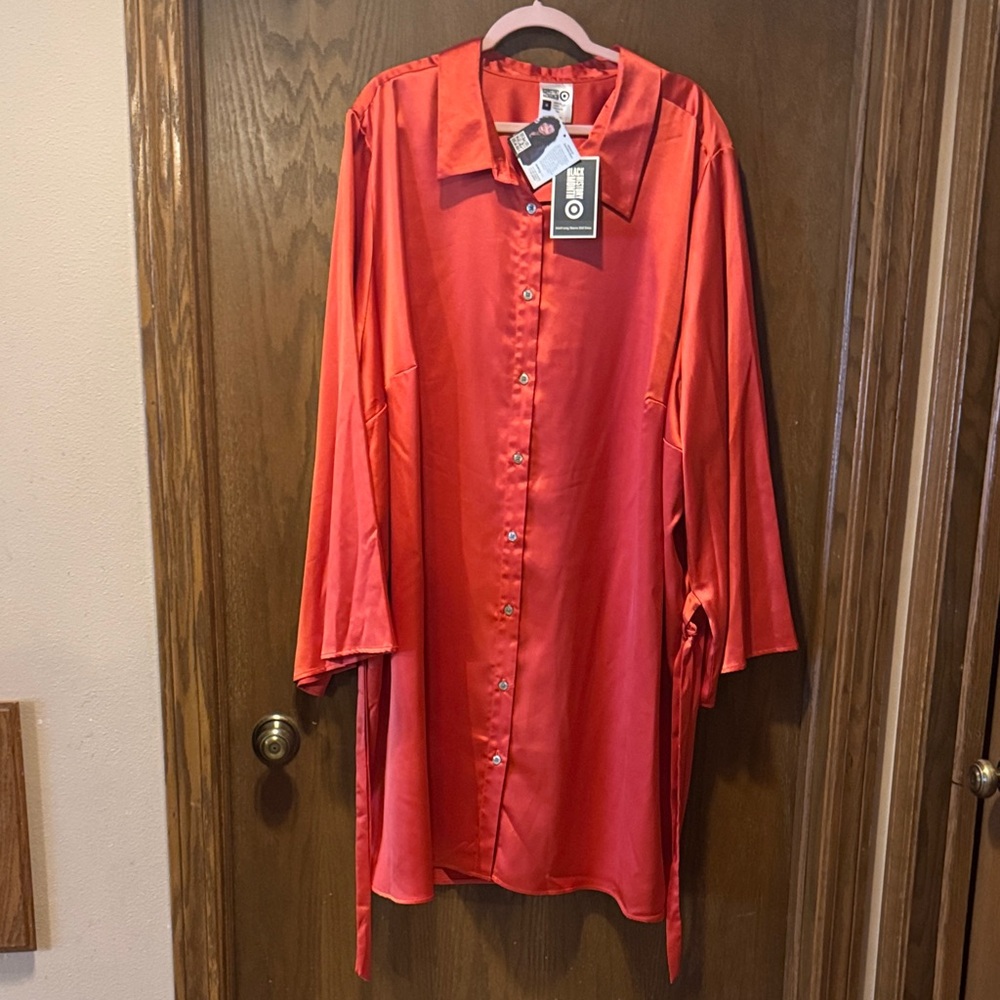 Vibrant Orange/Red Satin Long Sleeve Dress